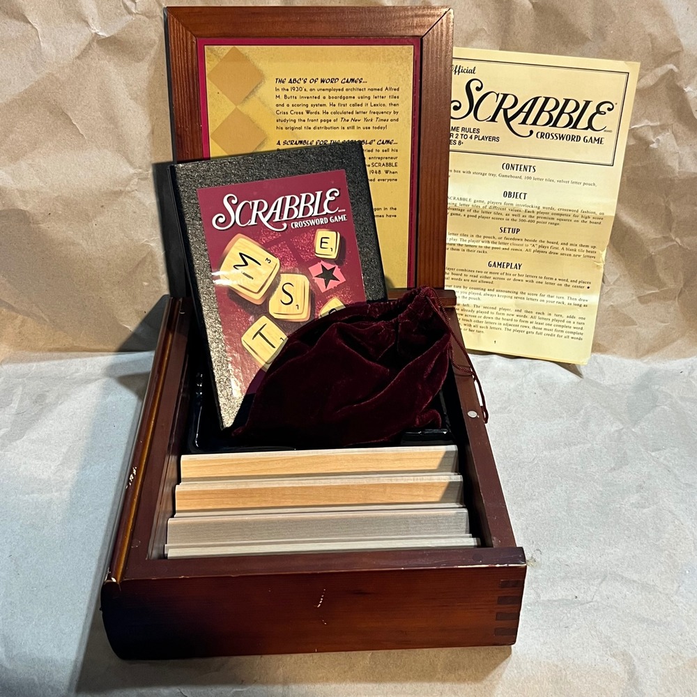 Scrabble Board Game Brown Wooden Book Box Edition Vintage Style 2005